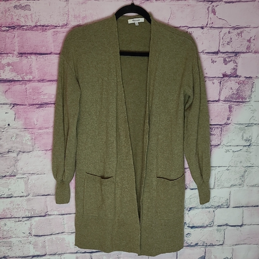 MADEWELL EDGEWATER BUBBLE SLEEVE CARDIGAN SWEATER HEATHERED FERN GREEN XS